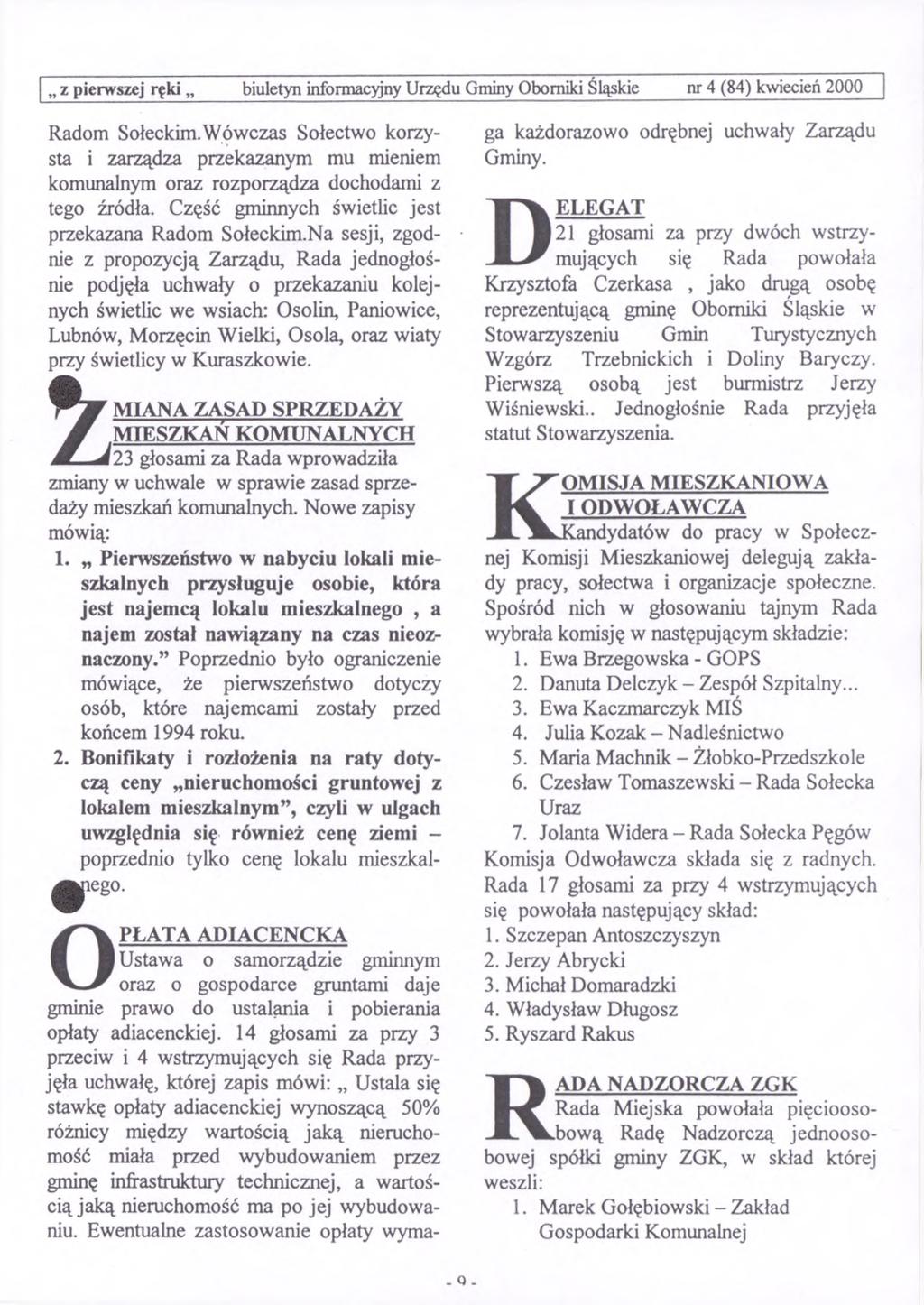 z pierwszej ręki biuletyn informacyjny Urzędu Gminy Oborniki Śląskie nr 4 (84) kwiecień 2000 Radom Sołeckim.