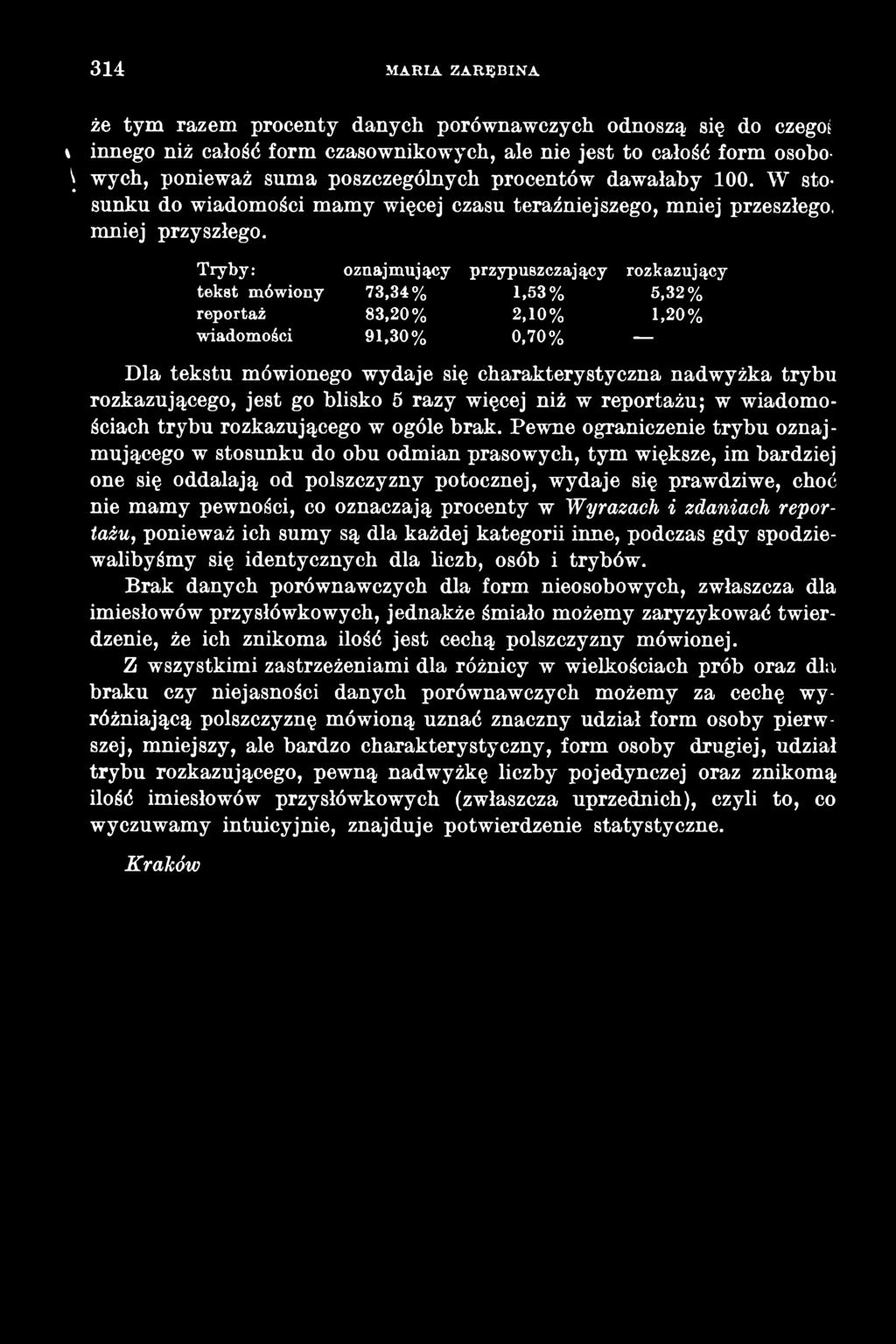 Pewne ograniczenie trybu oznajmującego w stosunku do obu odmian prasowych, tym większe, im bardziej one się oddalają od polszczyzny potocznej, wydaje się prawdziwe, choć nie mamy pewności, co