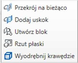 Obiekt pomocniczy tworzymy na bazie krawędzi (rys. 2a) przekroju dorysowując dodatkowe linie obejmujące jedną z części bryły w celu utworzenia regionu, który później wyciągamy na wysokość bryły.