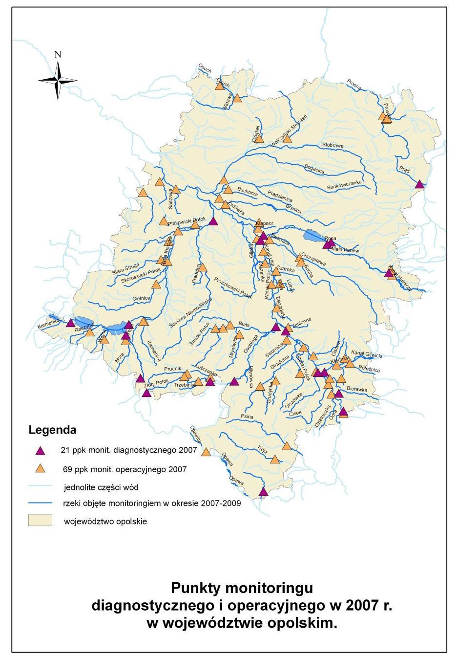 Rysunek 7 Punkty monitoringu rzek w 2007 roku w woj. opolskim Źródło: Raport o stanie środowiska województwie opolskim 2007r., WIOŚ Opole.