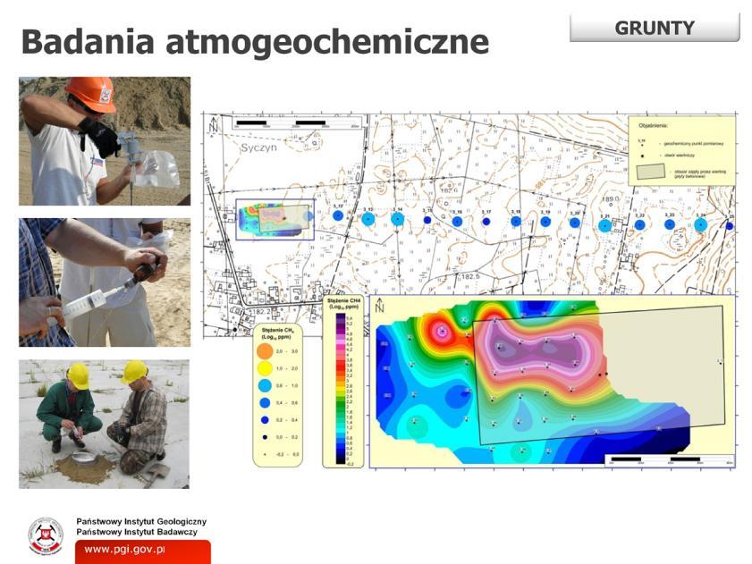 Oprócz analiz próbek gruntów przeprowadzono badania atmogeochemiczne stężeń lekkich węglowodorów i dwutlenku węgla w powietrzu gruntowym na obszarze zakładów wykonujących roboty geologiczne.