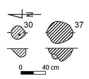 Profil nieckowaty o głębokości do 25 cm i jednolitym, brunatnoczarnym, wypełnisku (ryc. 12). Inwentarz: 1. Fragment ceramiki podgrupy IIIB, w domieszce tłuczeń kamienny i ceramiczny.