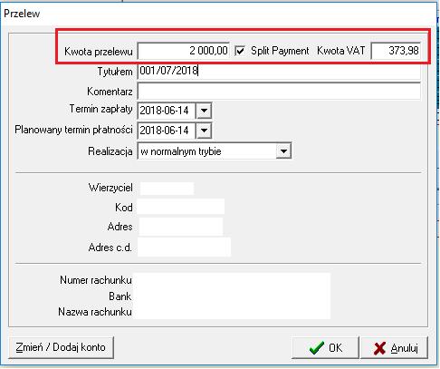 Strona 3 z 6 Dodawanie przelewów Jeżeli przelew jest tworzony do rozrachunku powiązanego z rejestrem, po zaznaczenie flagi Split Payment kwota VAT uzupełniane jest automatycznie kwotą VAT z rejestru.