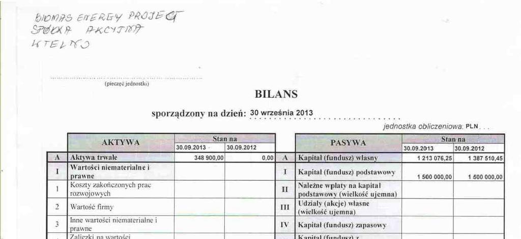 Dane finansowe z Bilansu, Rachunku Zysków i Strat, Zestawienia Zmian w Kapitale Własnym i Rachunku Przepływów Pieniężnych W porównywalnym okresie 2012