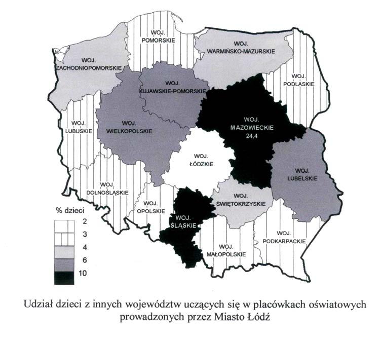 Rys. 2 Udział dzieci z innych województw uczących się w placówkach oświatowych prowadzonych przez Miasto Łódź Źródło: Wydział Edukacji UMŁ