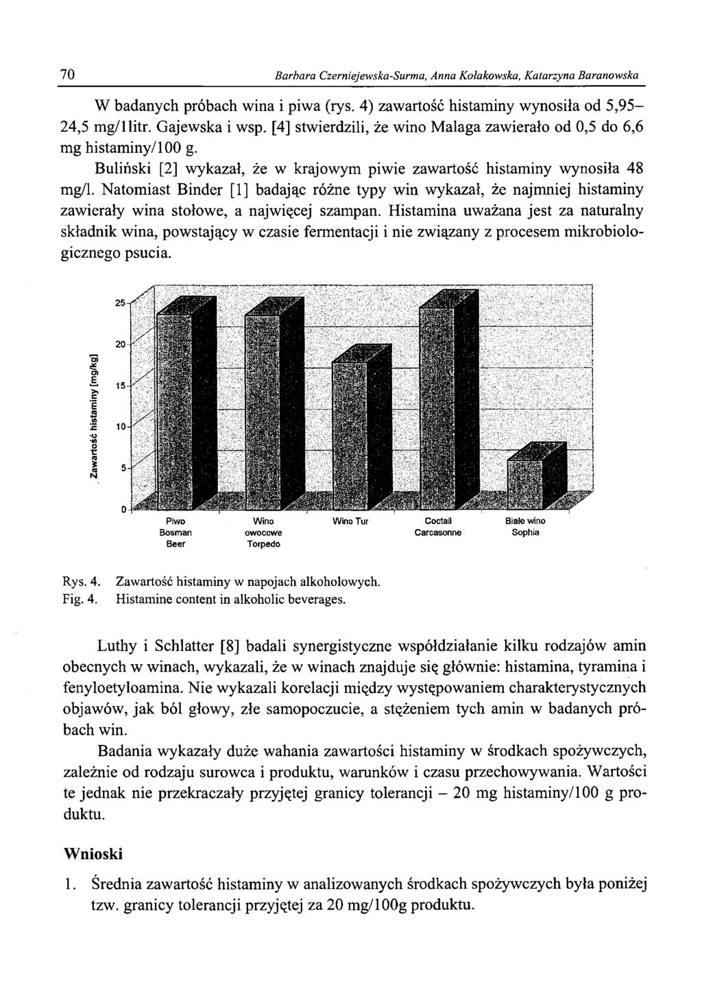 70 Barbara Czerniejewska-urma, Anna Kołakowska, Katarzyna Baranowska W badanych próbach wina i piwa (rys. 4) zawartość wynosiła od 5,95-24,5 mg/1 litr. Gajewska i wsp.