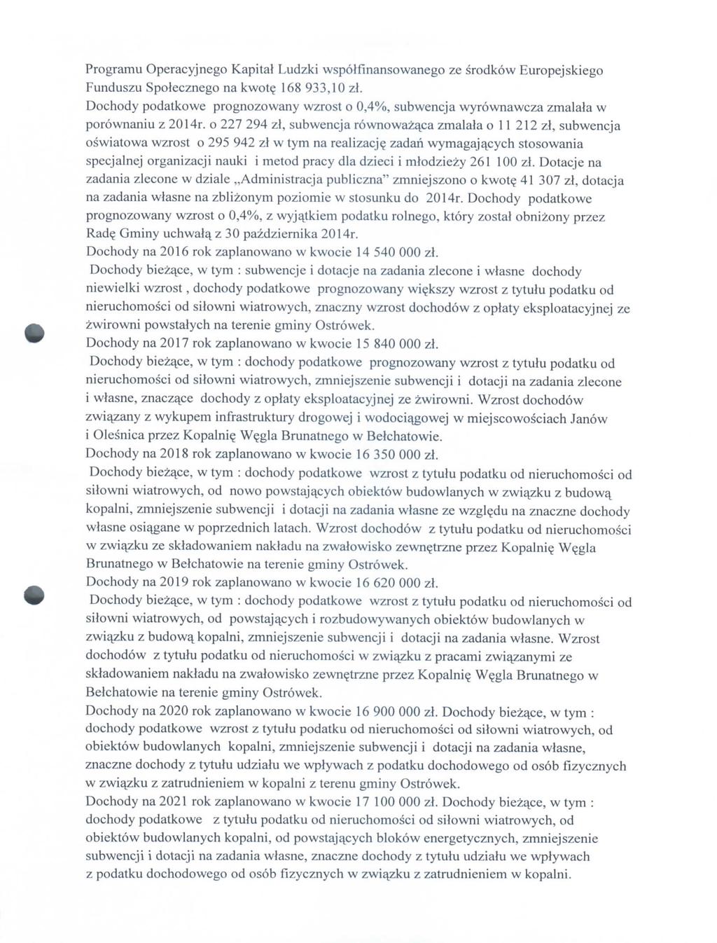 Prgramu eracyjneg Kaital Ludzki wslfmanswaneg ze srdkw Eurejskieg Funduszu Sleczneg na kwt^ 168 933,10 zl. Dchdy datkwe rgnzwany wzrst 0,4%, subwencja wyrwnawcza zmalala w rwnaniu z 2014r.