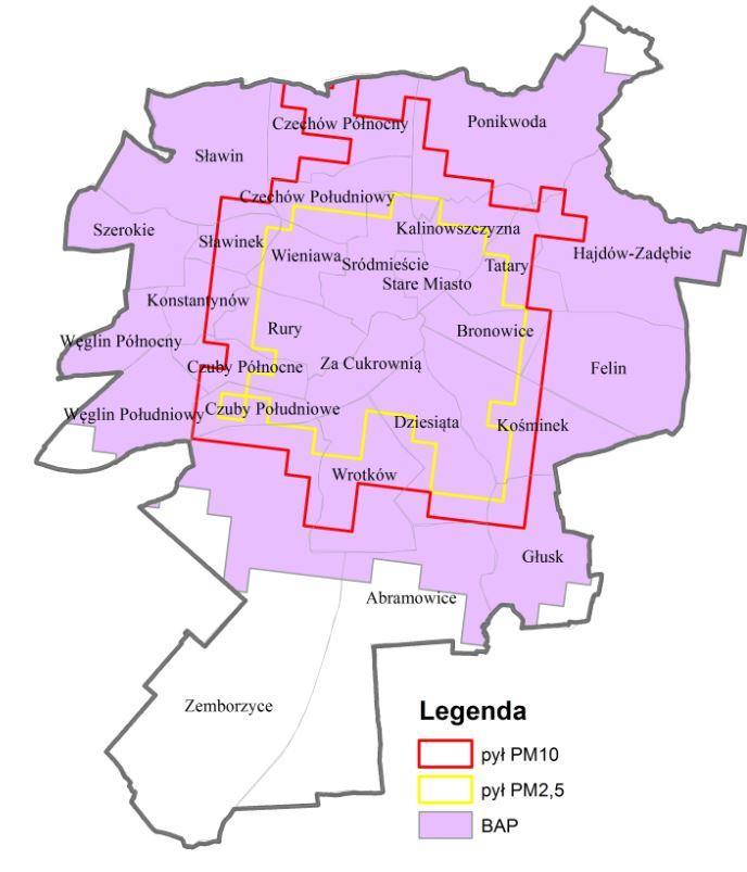 Obszary przekroczeń w Aglomeracji Lubelskiej w 216 r.