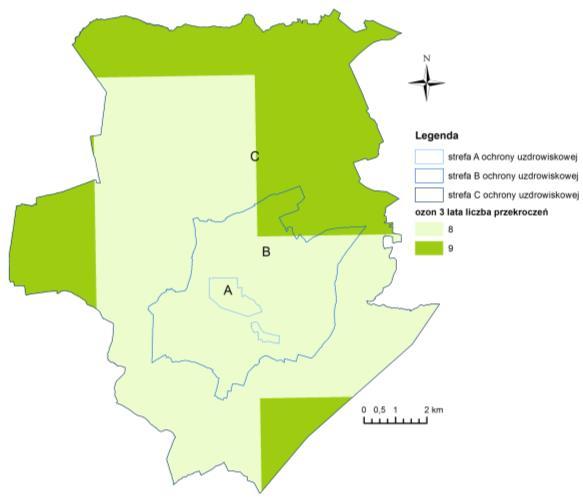 Średnia trzyletnia liczba dni z maksymalnym stężeniem 8-godzinnym ozonu ponad 12 μg/m 3 za lata 214-216 na obszarze podkarpackich uzdrowisk wyniosła od 8 do 13 dni, co oznacza dotrzymanie poziomu