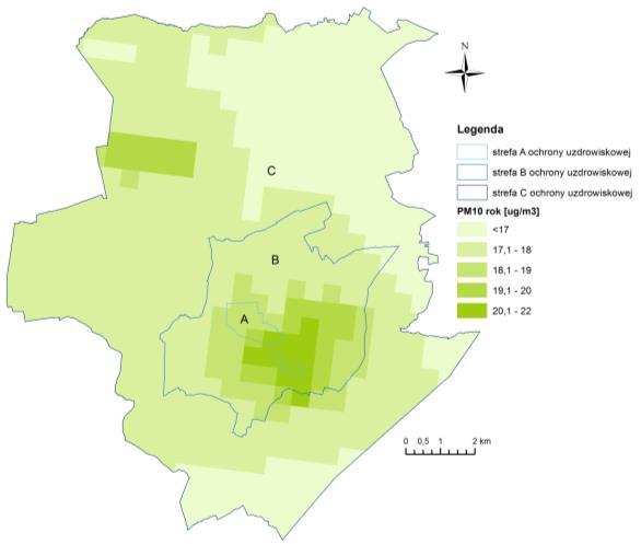 stężenie średnioroczne PM1 [ug/m 3 ] Jakość powietrza na obszarze podkarpackich uzdrowisk w 216 roku w zakresie SO 2, NO 2, PM1, PM2,5, b(a)p i ozonu 1.3. PYŁ ZAWIESZONY PM1 Na obszarze podkarpackich uzdrowisk stężenia średnioroczne pyłu PM1 zawierały się w przedziale 16,6-23,6 g/m 3 i stanowiły 42-59% normy.