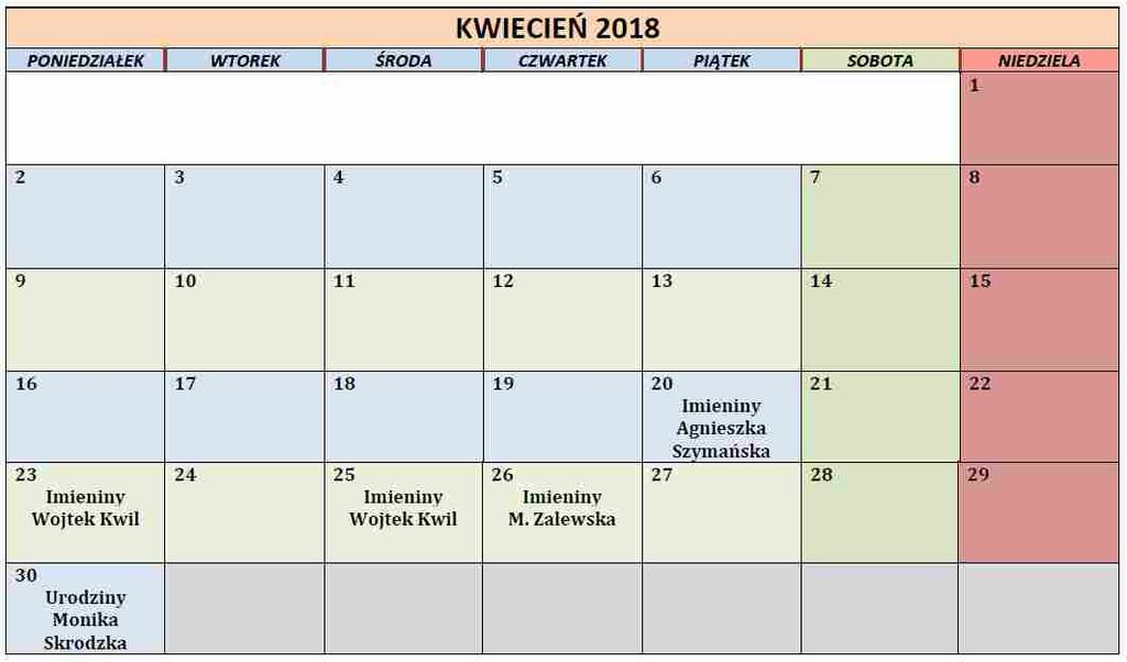 SOLENIZANCI I JUBILACI W kwietniu urodzinowe życzenia przyjmują: Kalendarz stworzony podczas