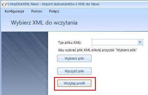 Wczytanie zapisanego profilu jest możliwe z okna wyboru pliku XML (pierwszego kroku kreatora), wybierając przycisk Wczytaj