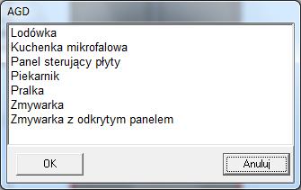 Do wyboru są następujące typu frontów: brak (pusty), front pełny, witryna, kratka, szuflada, ramka aluminiowa 1 i 2, AGD (przystosowany do wstawiania urządzeo).