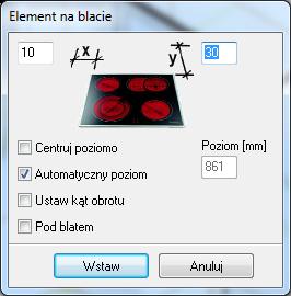 - x, y odsunięcie od boku/pleców szafki; - Centruj poziomo program wstawia model dokładnie na środku szafki; - Automatyczny poziom wysokośd, na której zostanie umieszczony element jest mierzona przez