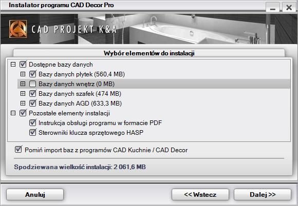Pierwszym krokiem podczas instalacji programu jest wybór baz danych do zainstalowania.