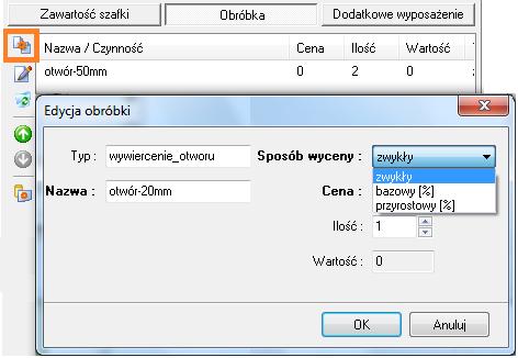 3.3. Zawartośd okna dialogowego Obróbka szafek' Dodaj pozycję obróbki umożliwia dodanie nowej pozycji do obróbki szafki w oknie dialogowym widocznym obok (rys.