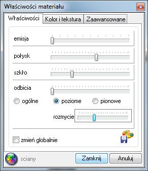 2.2. Zakładka Właściwości W tej zakładce można ustawid podstawowe właściwości wpływające na wygląd poszczególnych elementów wystroju wnętrza w wizualizacji po zapaleniu świateł czyli koocowy efekt