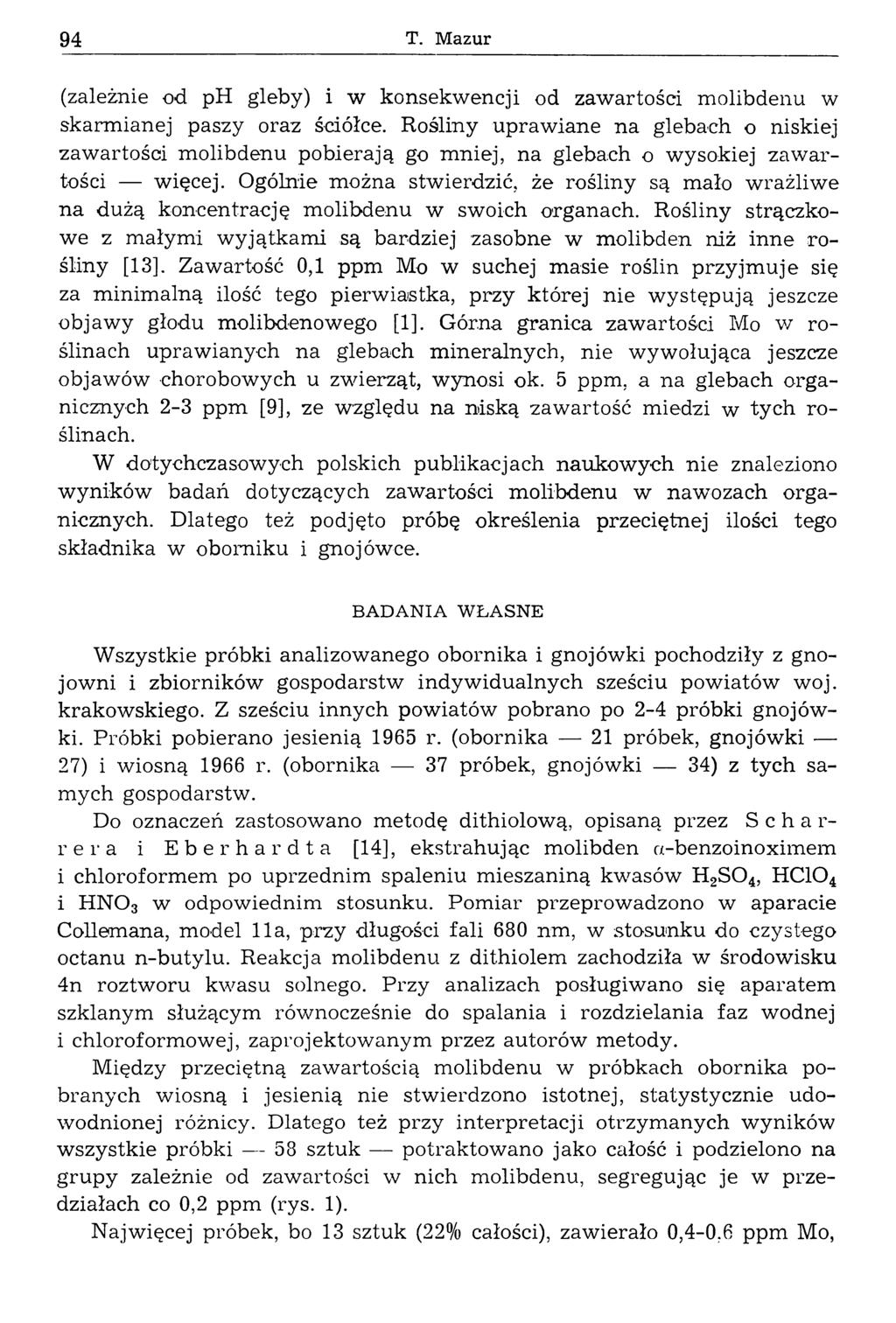 94 T. Mazur (zależnie od ph gleby) i w konsekwencji od zawartości molibdenu w skarm ianej paszy oraz ściółce.