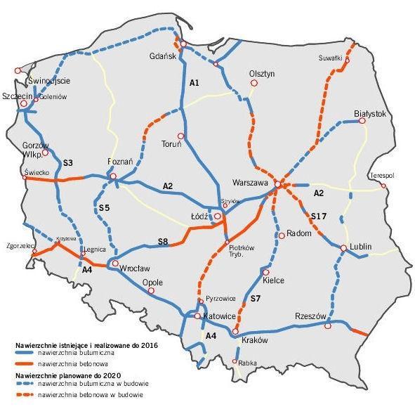 Budowa dróg betonowych Inwestycje drogowe w PBDK 2014-2020 z nawierzchnią betonową: A1 (Częstochowa Pyrzowice): 56,9 km A2 (Warszawa - Mińsk Mazowiecki): 14,6 km POW (Puławska Lubelska): 18,6 km S5
