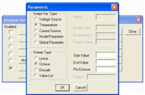 Rys.5. Okno dialogowe określania parametrów analizy Parametric Po zakończeniu obliczeń zostaną na ekranie narysowane cztery przebiegi napięcia na kondensatorze lub prądu cewki.