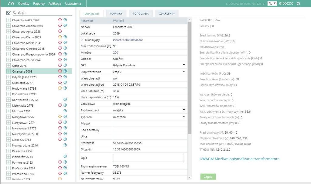 Monitoring sieci nn i stacji SN/nn Nowy widok stacji, powiązanie danych technicznych, obliczeń technicznych i pomiarowych Kalkulacja dodatkowych