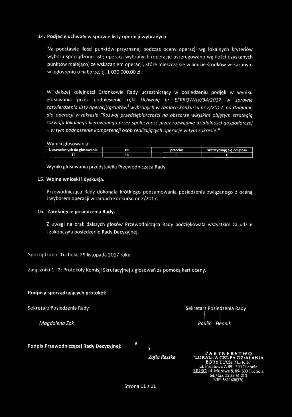 W dalszej kolejności Członkowie Rady uczestniczący w posiedzeniu podjęli w wyniku głosowania przez podniesienie ręki Uchwalę nr EFRROW/IV/34/2017 w sprawie zatwierdzenia listy
