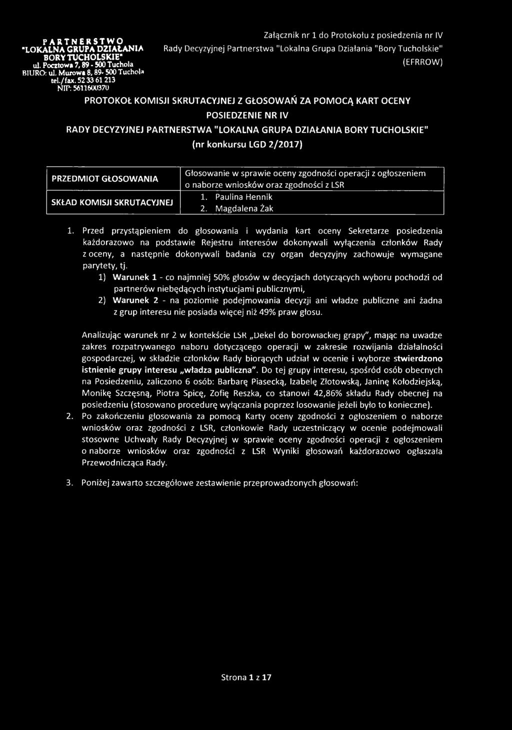 "LO KALNA GRU PA D ZIAŁAN IA BORY TU CH O LSKIE" (nr konkursu LGD 2/2017) PRZEDMIOT GŁOSOWANIA SKŁAD KOMISJI SKRUTACYJNEJ Głosowanie w sprawie oceny zgodności operacji z ogłoszeniem o naborze