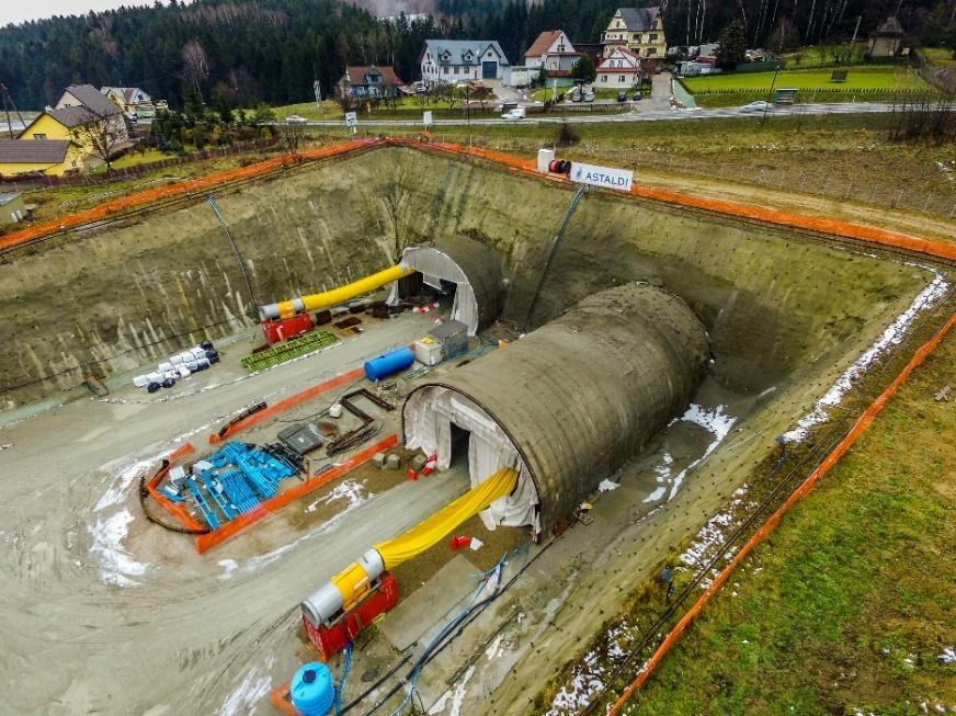 2.1 Tunel drogowy pod masywem Luboń Mały - długość 2057 m - przekrój poprzeczny podkowa- 2 nawy - 3x3,5 m (bez pasów awaryjnych)