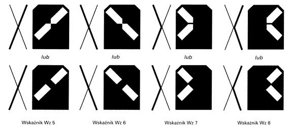 58 31. Wskaźnik Wz 2 Zwrotnica nastawiona w kierunku zbocznym, jazda na ostrze biała strzała na czarnym tle, zwrócona ku górze, wskazująca kierunek jazdy po zwrotnicy, 32.