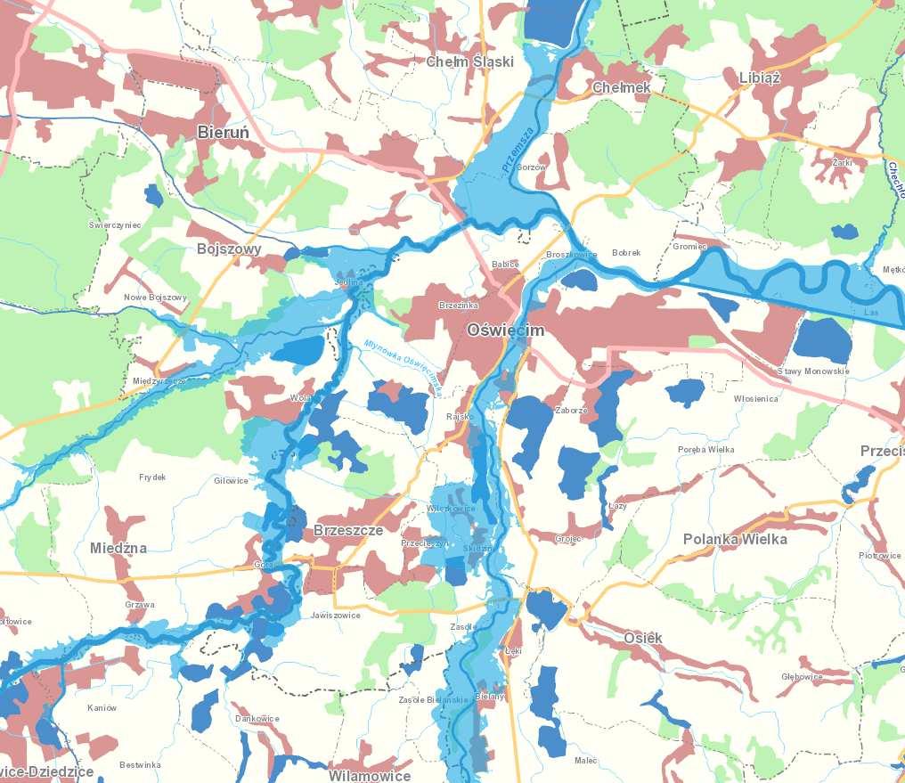 Obszary zagrożone powodzią oraz podtopieniami Zgodnie z danymi Państwowej Służby Hydrologicznej na terenie gminy Oświęcim