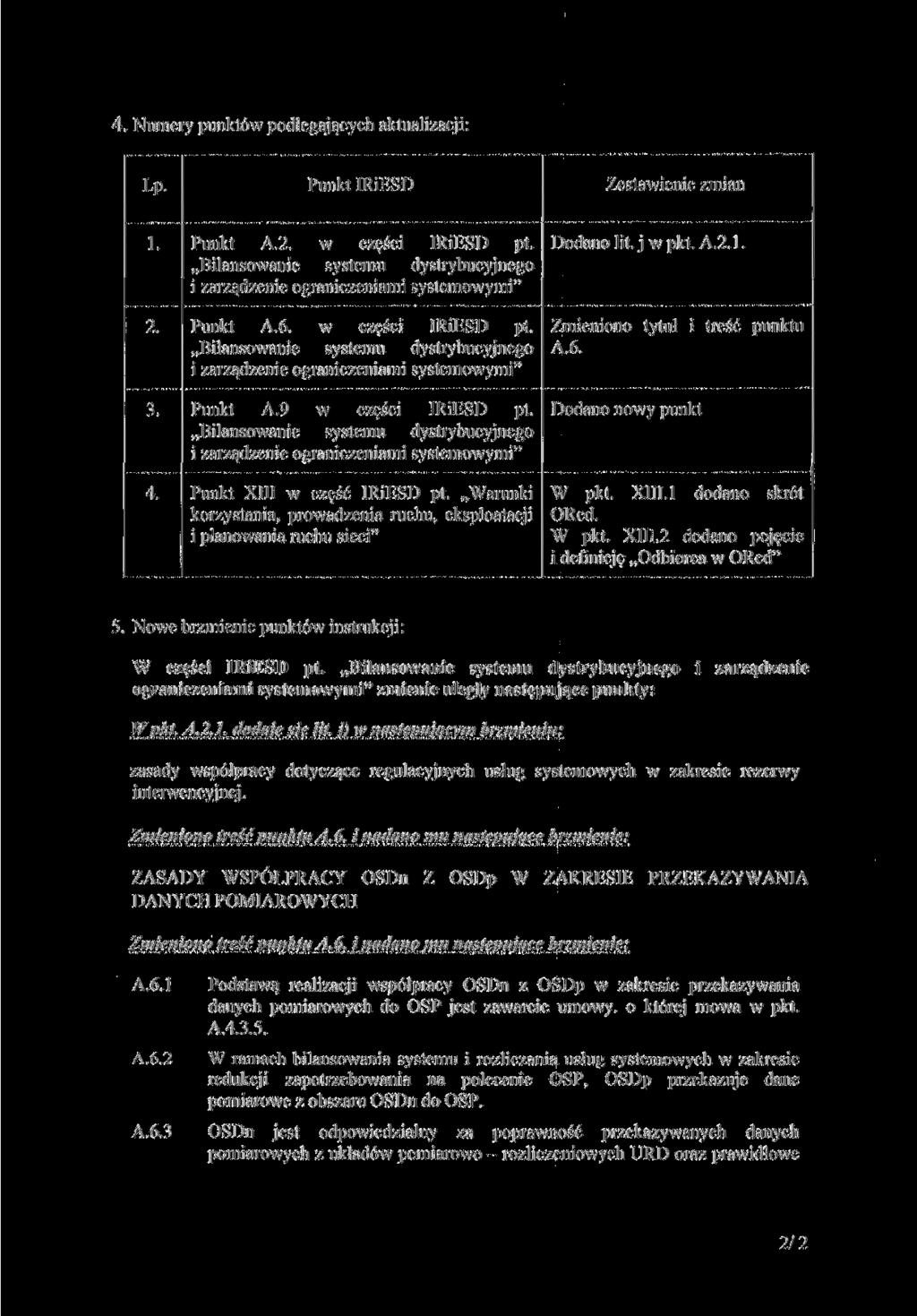 4. Numery punktów podlegających aktualizacji: Lp. Punkt IRiESD Zestawienie /mian Punkt A.2. w części IRiESD pt.