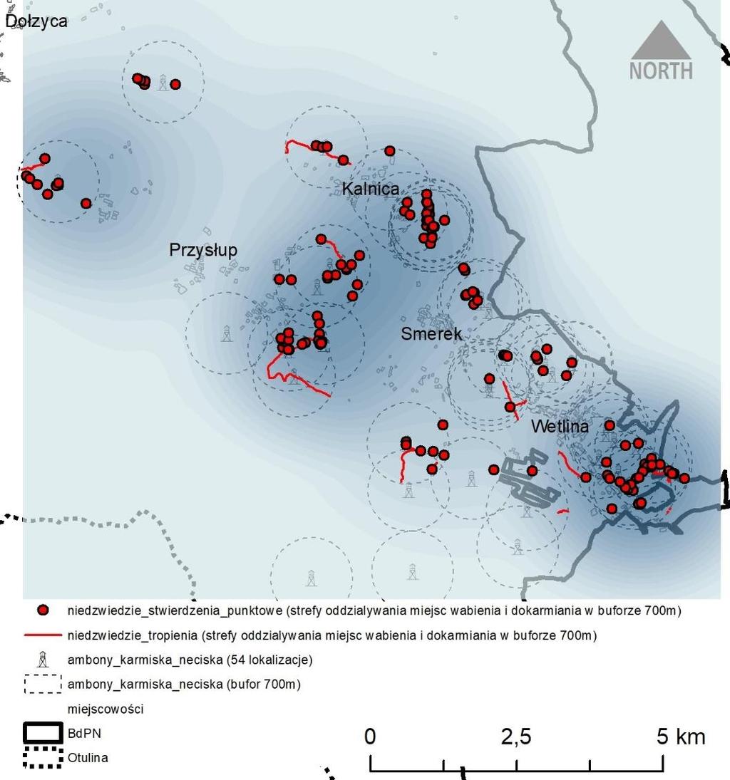 PROBLEMY OCHRONNE Wpływ dokarmiania (gospodarka łowiecka / nęciska fotograficzne) W trakcie prac terenowych odnaleziono 54 miejsca związane z wabieniem i dokarmianiem zwierzyny (ambony / karmiska /