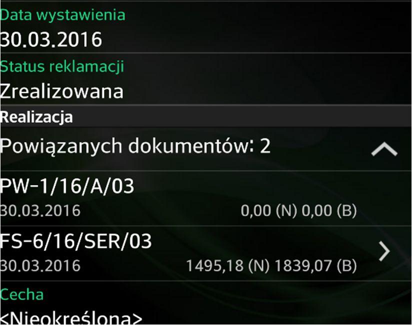 o stanie realizacji dokumentu reklamacji sprzedaży wystawionej w aplikacji mobilnej.