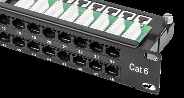 Patch panele Patch panele Patch panel 19 0.5U z 24 ekranowanymi portami RJ-45 kategorii 5e/6, Dołączony organizer kabli. Patch panel 19 1U z 24 nieekranowanymi portami RJ-45 kategorii 5e/6.