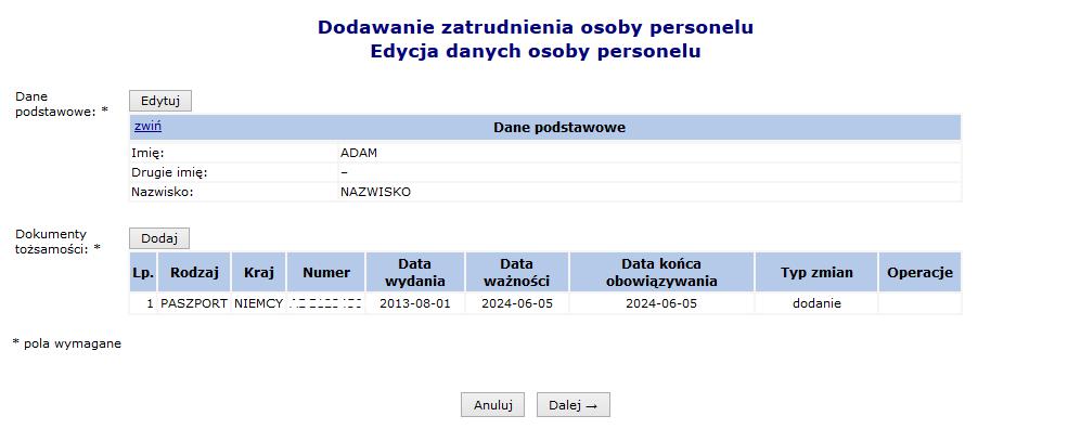 Jeżeli podczas dodawania dokumentu wyświetlony zostanie komunikat Numer dokumentu w bazie nie ma zarejestrowanej osoby z wprowadzonym dokumentem tożsamości oznacza to, że należy wprowadzić do systemu