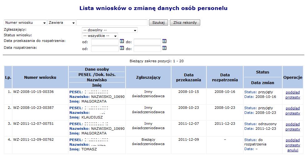 3. Po wybraniu opcji dla wszystkich osób z listy zostaną przypisane zawody / specjalności odpowiadające nowemu słownikowi (wyświetlone w ostatniej kolumnie). 4.