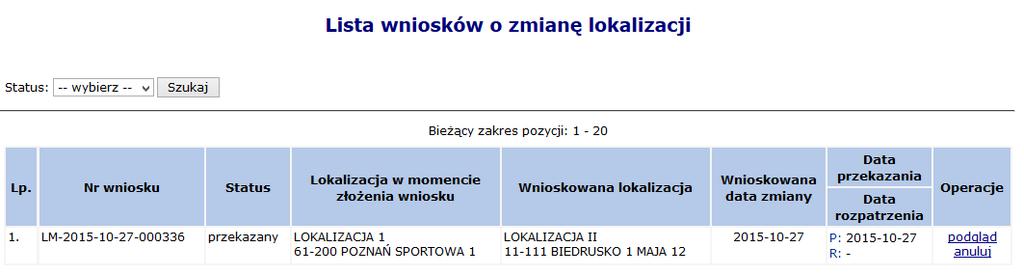 Rys. 5.10 Lista miejsc udzielania świadczeń informacja o generacji wniosku 6. Aby zapoznać się z wygenerowanym wnioskiem należy z kolumny Operacje wybrać Wnioski o zm. lok.. Rys. 5.11 Lista wniosków o zmianę lokalizacji 7.