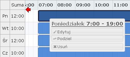 o opcja edytuj umożliwia edycję czasu pracy. W polach od do należy wprowadzić czas pracy dla wybranego dnia. o o o Zapisanie zmian spowoduje modyfikację paska czasu pracy na siatce pracy.