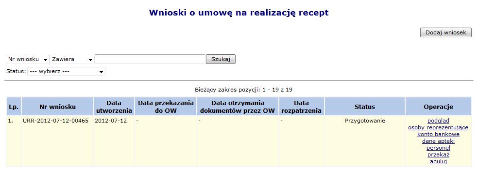 Można się nim posługiwać podczas kontaktów z pracownikami OW NFZ. Dla każdego wniosku w kolumnie Operacje dostępne są podstawowe funkcje umożliwiające pracę na danym wniosku. Rys. 7.