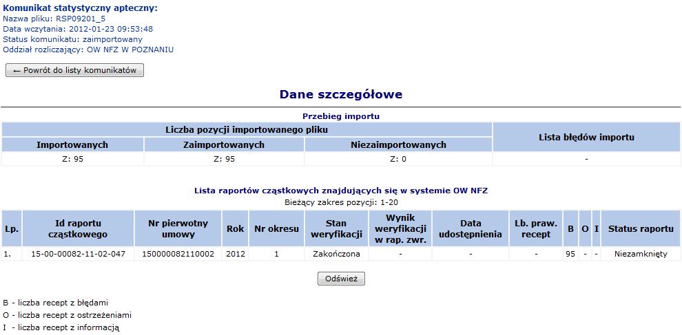 Pozycji Importowanych w miejscu tym wyświetlona zostaje ilość przekazanych epizodów/zakresów świadczeń w wybranym komunikacie Pozycji Zaimportowanych wyświetlona zostanie lista epizodów/zakresów