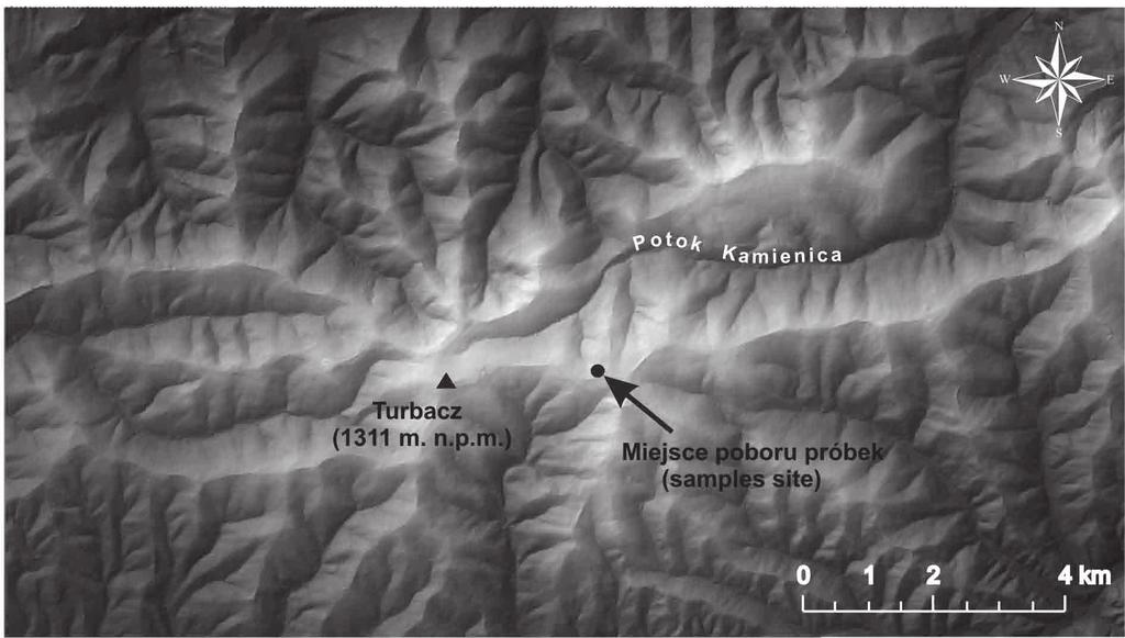 Ryc. 1. Obszar badañ Fig. 1. Study area W 28 roku w wybranym rozciêciu erozyjnym pobrano dwanaœcie 1-2 cm fragmentów ods³oniêtych korzeni œwierka (Picea abies L. Karst).