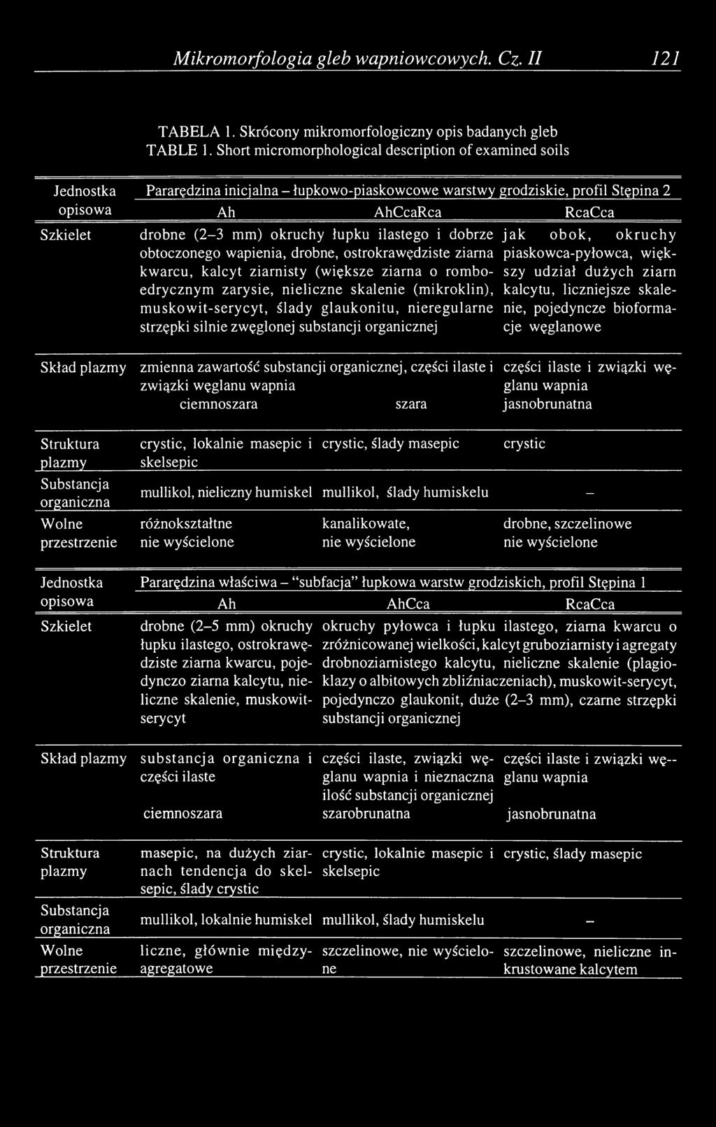 okruchy łupku ilastego i dobrze jak obok, okruchy obtoczonego wapienia, drobne, ostrokrawędziste ziarna piaskowca-pyłowca, więkkwarcu, kalcyt ziarnisty (większe ziarna o rombo- szy udział dużych