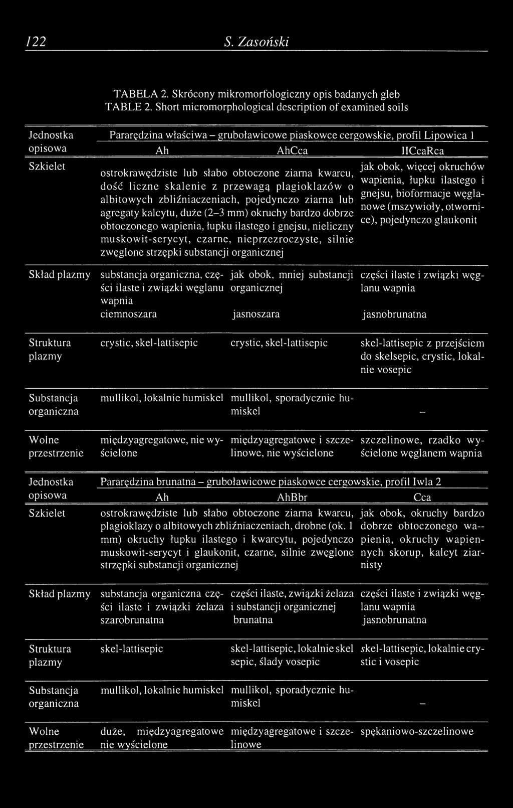 słabo obtoczone ziarna kwarcu, dość liczne skalenie z przewagą plagioklazów o albitowych zbliźniaczeniach, pojedynczo ziarna lub agregaty kalcytu, duże (2-3 mm) okruchy bardzo dobrze obtoczonego