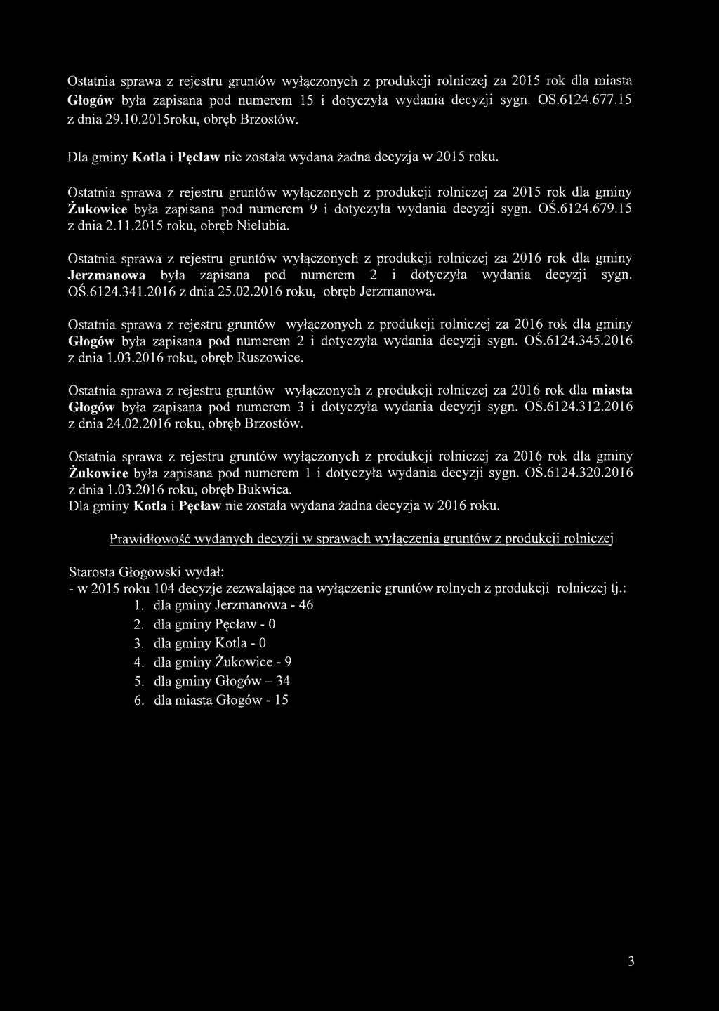 Ostatnia sprawa z rejestru gruntów wyłączonych z produkcji rolniczej za 2015 rok dla gminy Żukowice była zapisana pod numerem 9 i dotyczyła wydania decyzji sygn. OŚ.6124.679.15 z dnia 2.11.