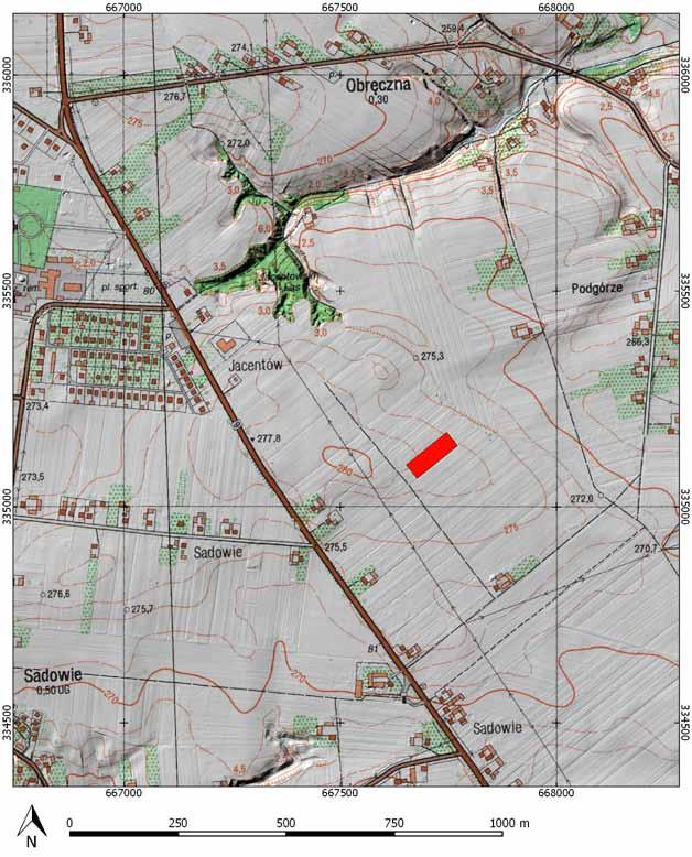 Ryc. 1. Lokalizacja stanowiska nr 23 w Sadowiu na podkładzie cieniowanego modelu terenu i mapy 1:10 000 (opr. M. Mackiewicz i B. Myślecki) Abb. 1. Lage der Fundstelle Nr.