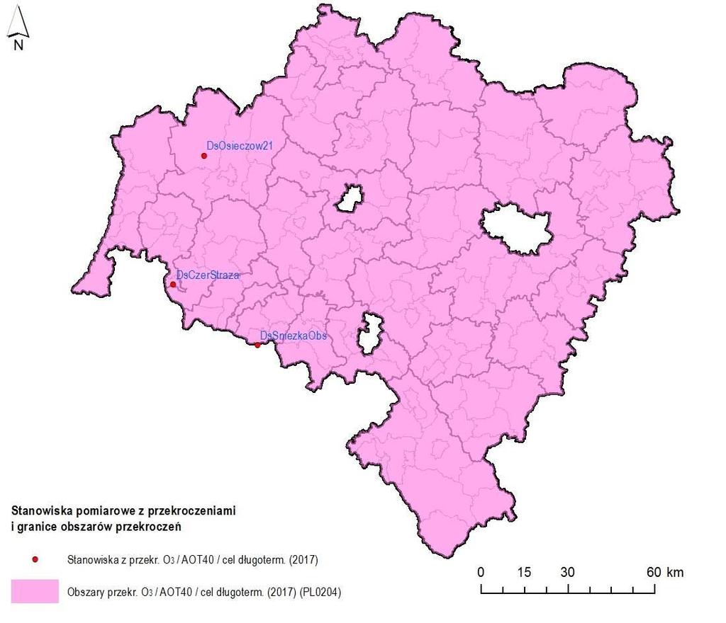 Ocena poziomów substancji w powietrzu oraz wyniki klasyfikacji stref województwa dolnośląskiego za 2017 rok 34 Mapa 5.9.