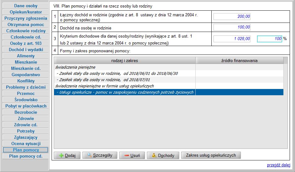 Plan pomocy układ zgodny z formularzem wywiadu i programem WYWIAD Plus.