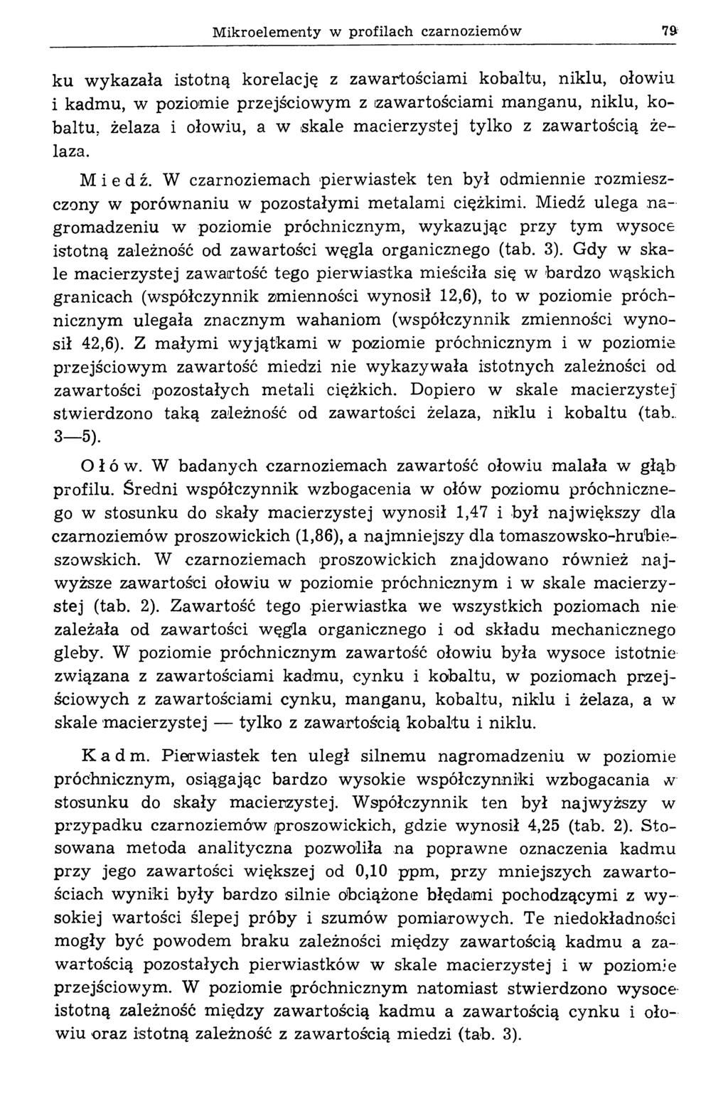 M ikroelem enty w profilach czarnoziem ów 79 ku w ykazała istotną korelację z zawartościam i kobaltu, niklu, ołowiu i kadm u, w poziomie przejściow ym z (zawartościami m anganu, niklu, kobaltu,