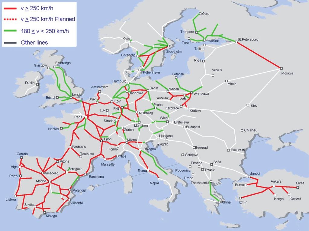 Rys. 3. Planowana do 2025 r. sieć kolei dużych prędkości w Europie Źr. UIC. [4] Program z 1995 r.