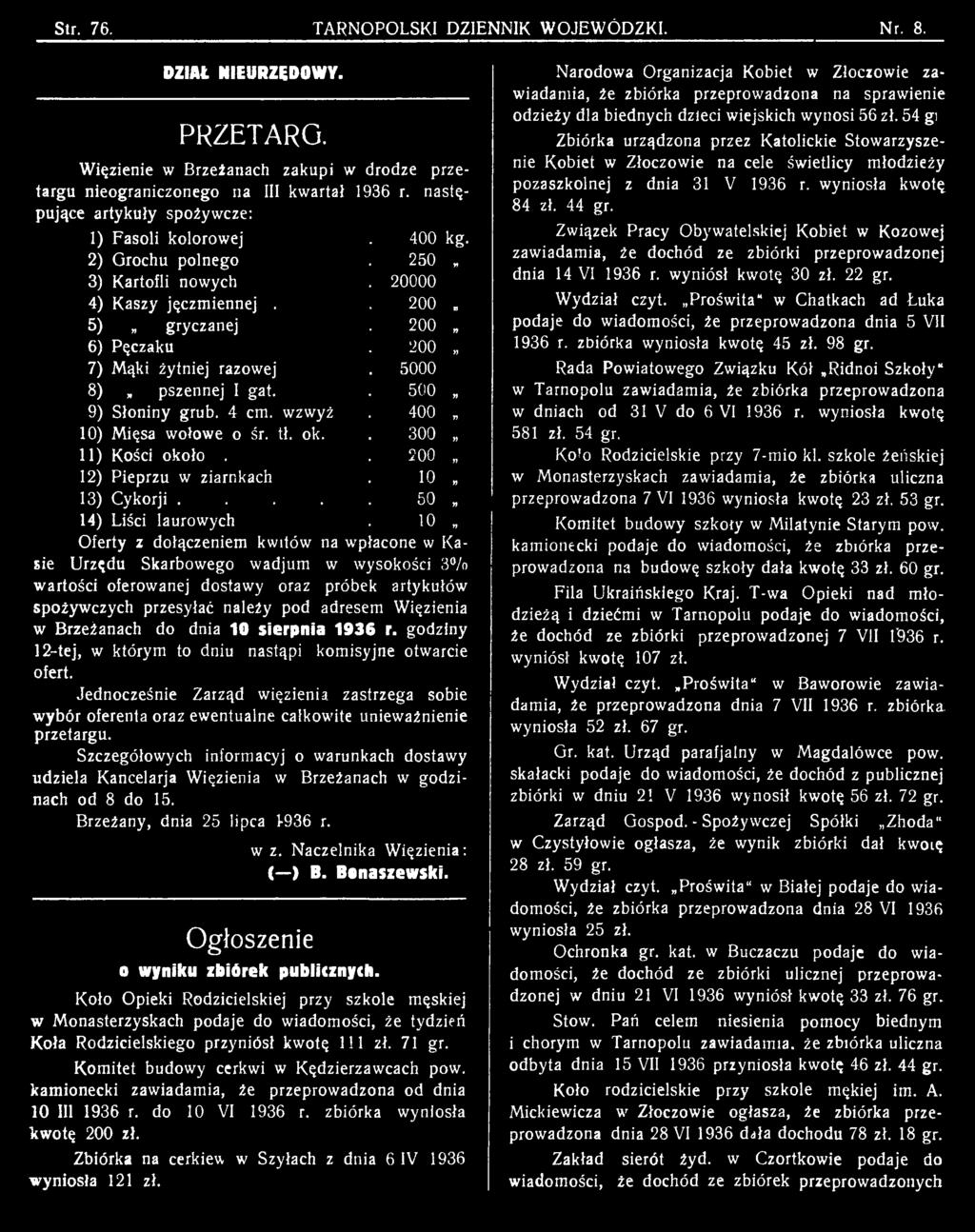 należy pod adresem Więzienia w Brzeżanach do dnia 10 sierpnia 1936 r. godziny 12-tej, w którym to dniu nastąpi komisyjne otwarcie ofert.